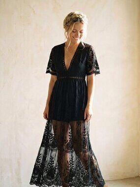 Eleter Black Lace Maxi Romper | Sheer Floral Overlay | Size M